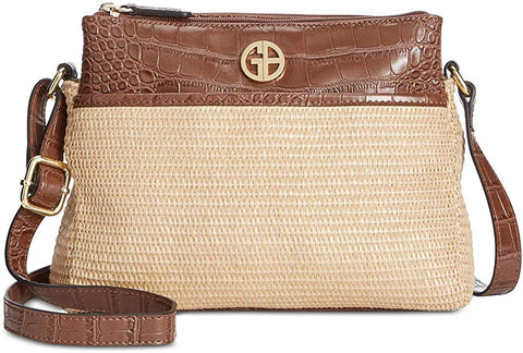 Giani Bernini Double Zip Straw Crocodile Crossbody, Tobacco Natural/Gold