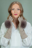 Long Beige Cashmere Gloves with Brown Fox Fur Decoration