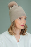 Knit Slouchy Beige Cashmere & Merino Wool Hat with Fox Fur Pom-Pom