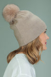 Knit Slouchy Beige Cashmere & Merino Wool Hat with Fox Fur Pom-Pom