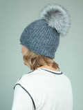 Handknit Gray Merino & Mohair Wool Hat with Detachable Fox Fur Pom-Pom