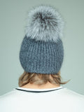 Handknit Gray Merino & Mohair Wool Hat with Detachable Fox Fur Pom-Pom