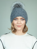 Handknit Gray Merino & Mohair Wool Hat with Detachable Fox Fur Pom-Pom