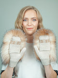 Knit Beige Wool & Crystal Brown Fox Fur Mittens
