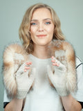 Knit Beige Wool & Crystal Brown Fox Fur Mittens